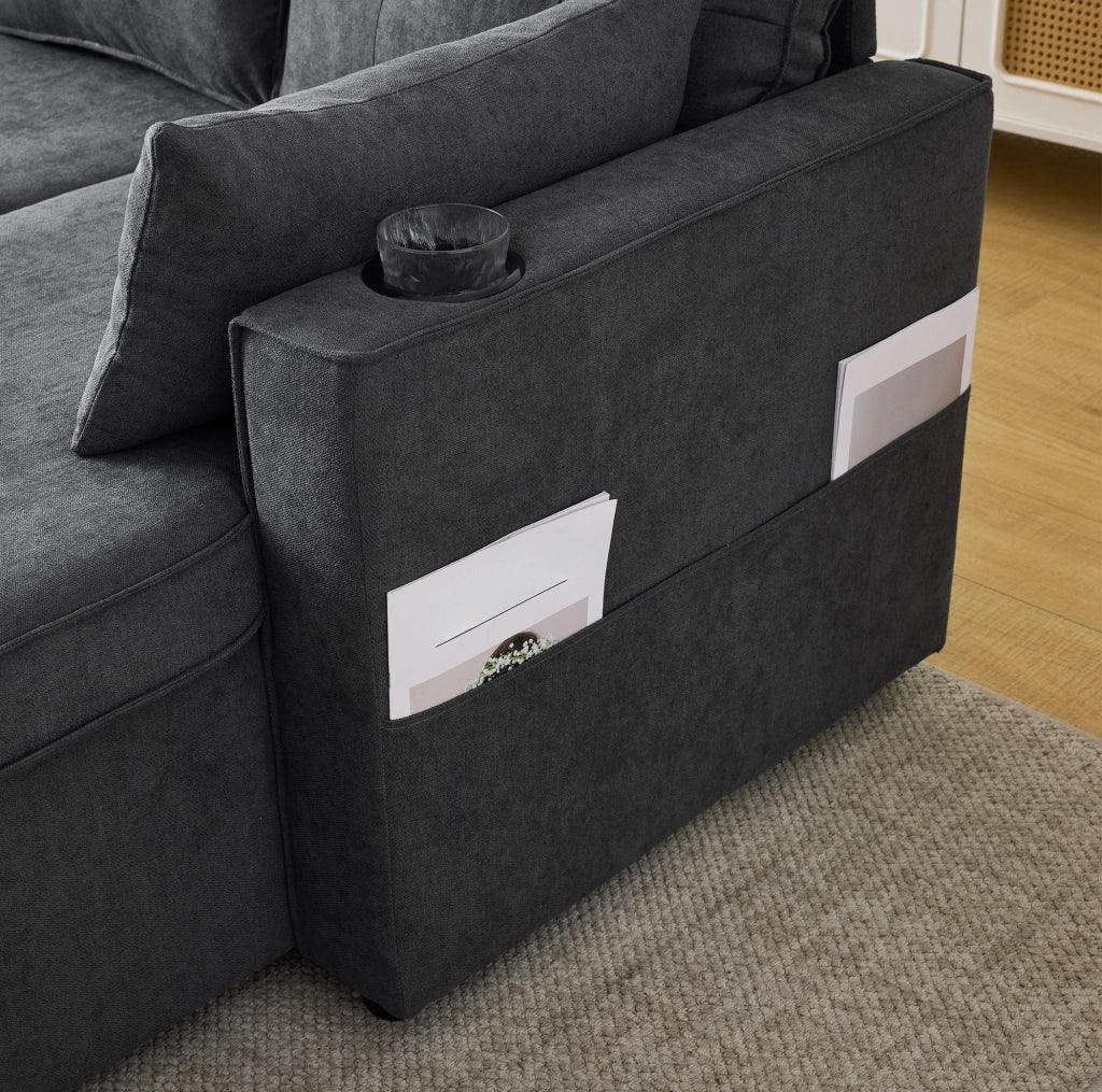 Divano letto con chaise longue reversibile; contenitore e portabicchieri in cotone e lino grigio