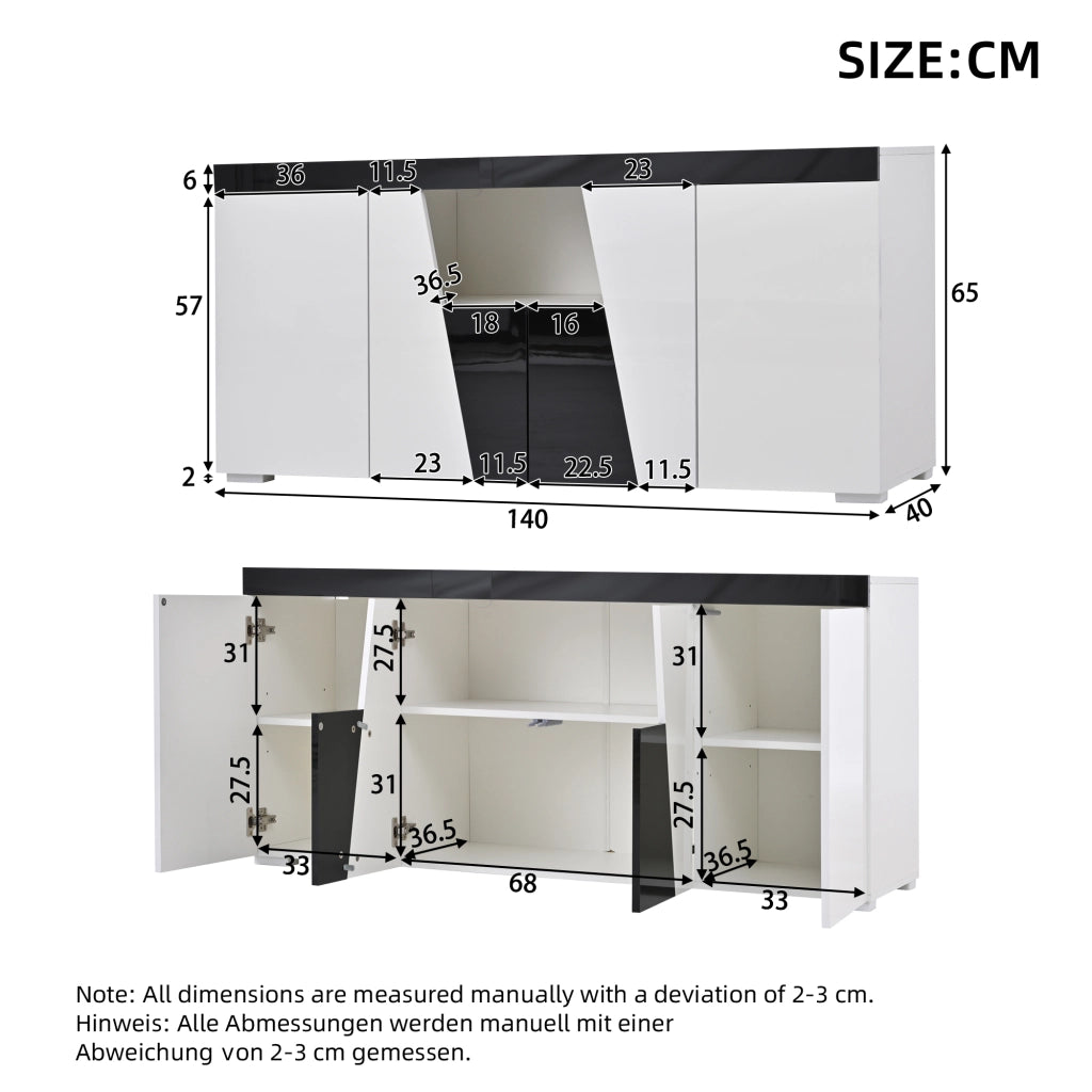 Credenza con 4 ante e ripiani regolabili, LED controllato da app, per soggiorno, bianco e nero, 140 × 40 × 65 cm