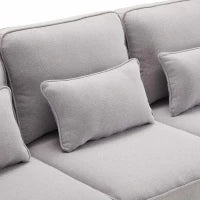 Divano Moderno a 4 Posti in Tessuto di Lino con Tasche sui Braccioli e 4 Cuscini Lombari, Adatto per Soggiorno e Ufficio, 264x83x87 cm, Grigio