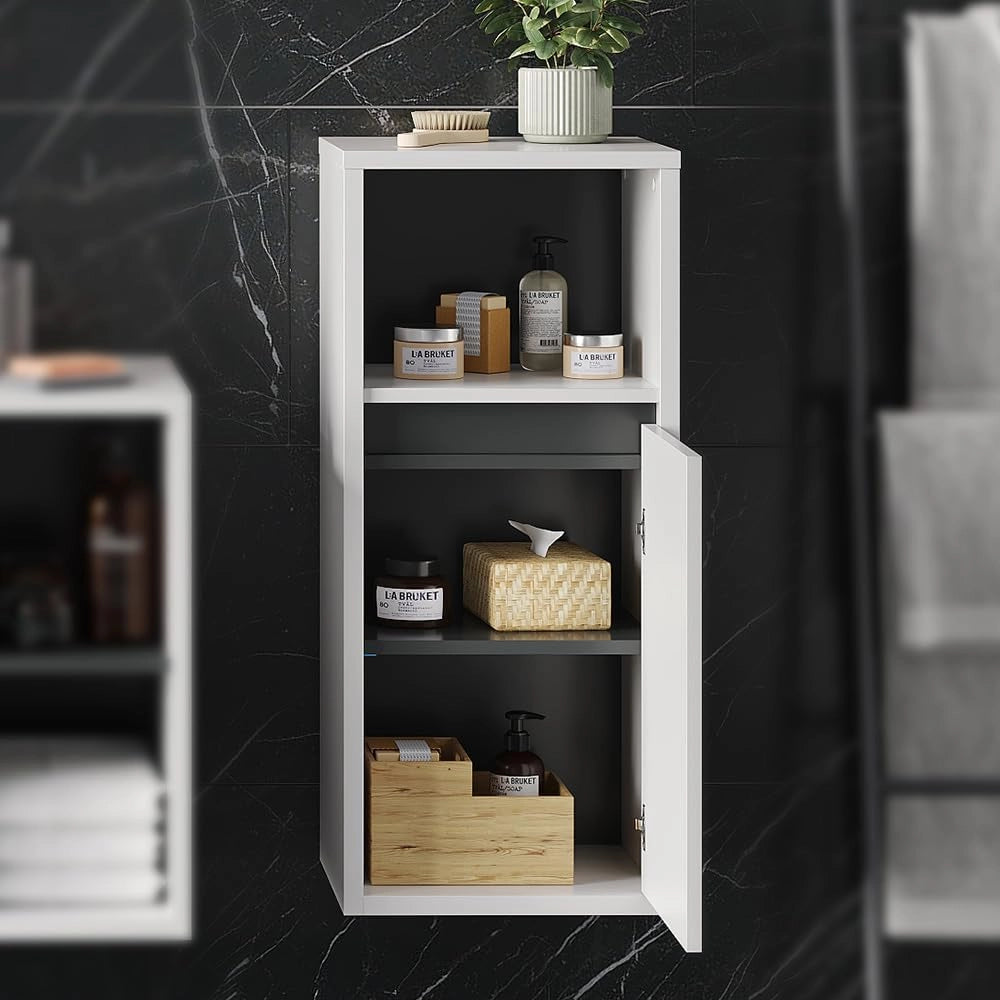 Mobiletto bagno Viola, Bianco, 38 x 80 cm, per montaggio a parete con vani a giorno e vani chiusi