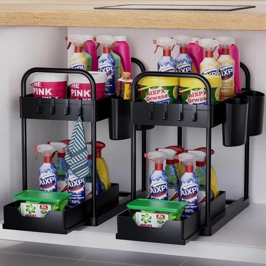 Organizzatore cucina, 2 livelli sotto il lavabo, ripiano con gancio e bicchiere, ripiano multifunzionale per spezie, contenitore per spugne, organizzatore per igienizzanti, set da 2, nero