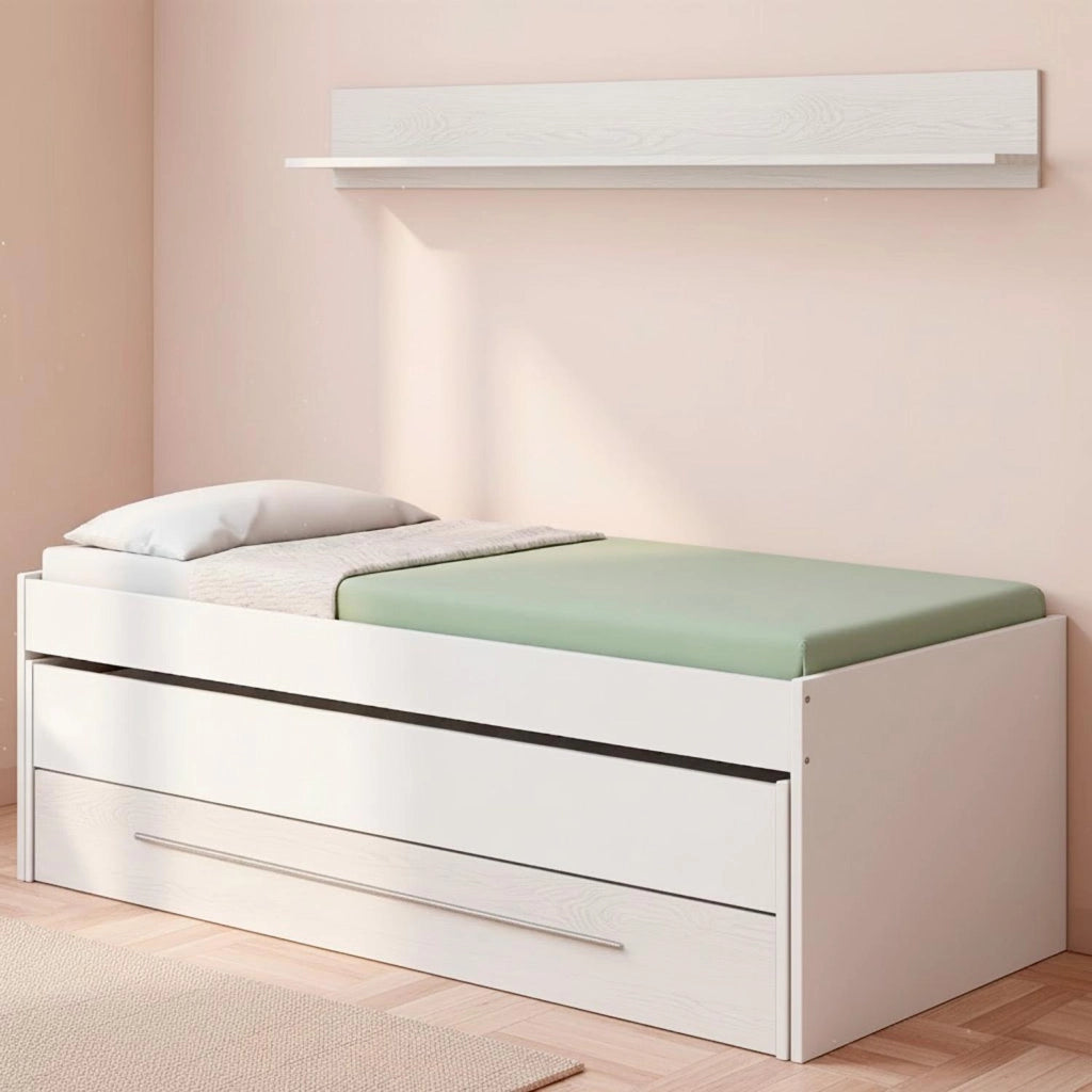 Letto Estraibile Con Cassetto Integrato E Mensola Design Nordico Ideale Per Camerette Piccole Pratico Robusto E Funzionale 65 × 199 × 96 Cm Bianco E Bianco Effetto Legno