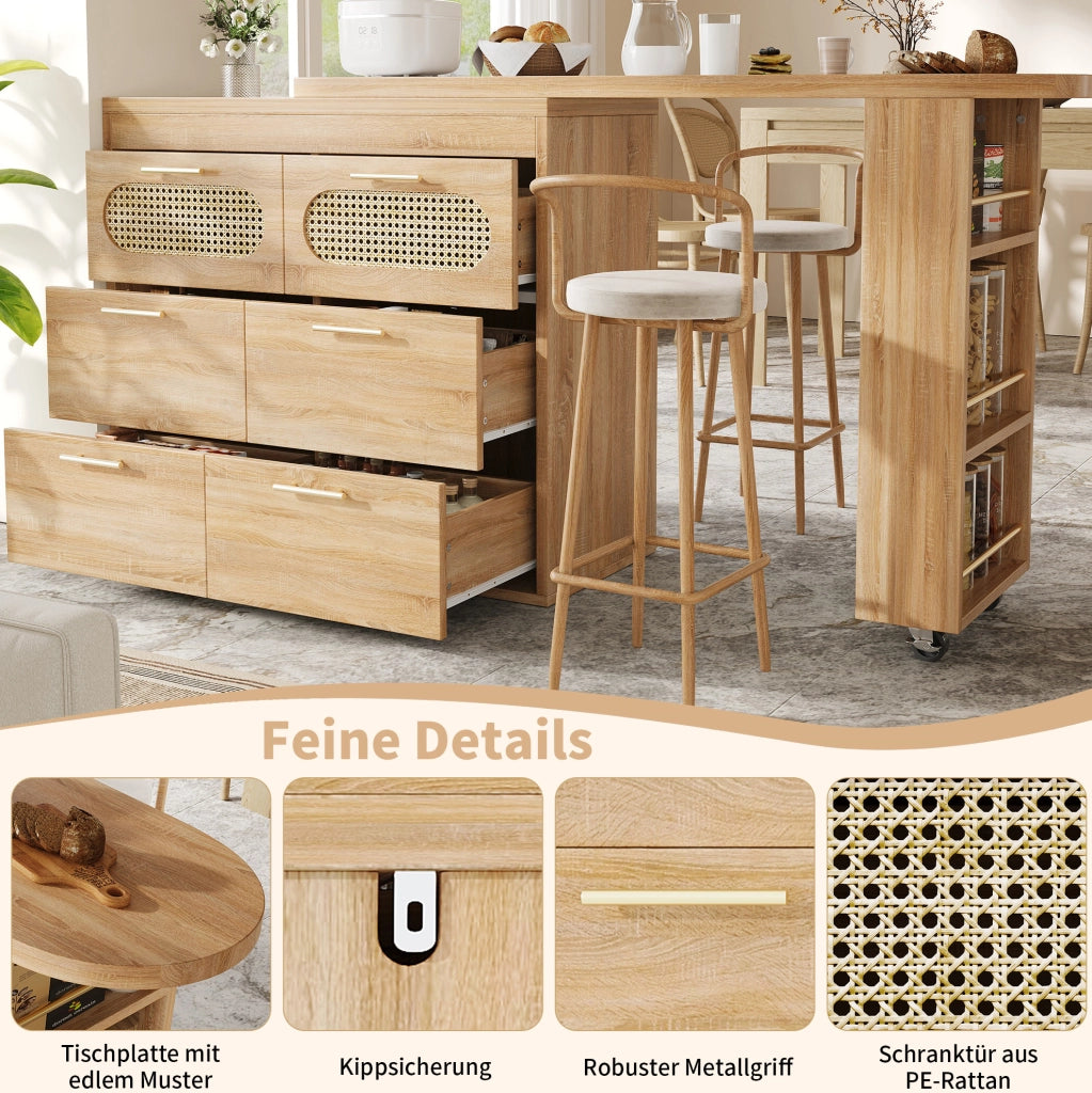 Tavolo bar girevole 360° con 6 cassetti, 128-203 cm