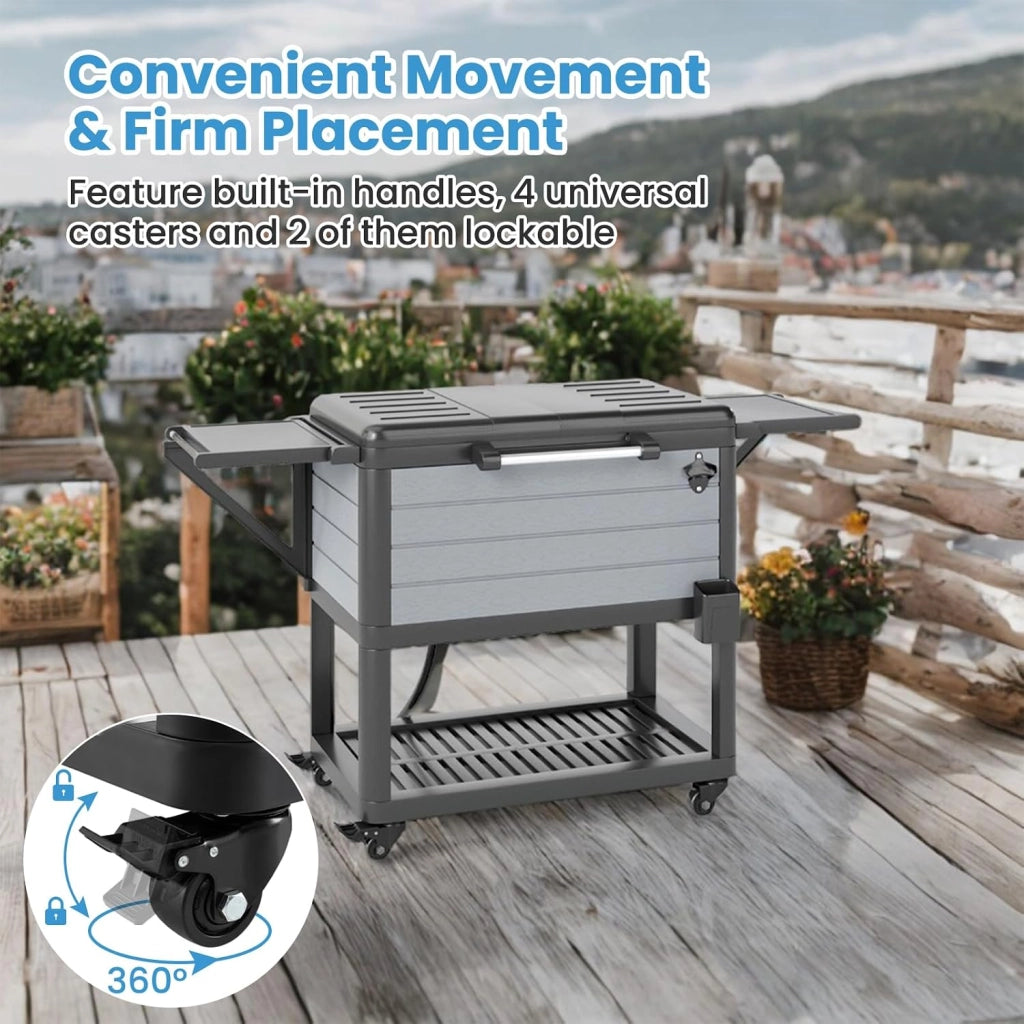 Cassettiera per rotelle, 91 l, bar, per esterni, mobile, 83 x 50 x 85 cm, con separatore rimovibile, 2 ripiani laterali pieghevoli, 4 ruote universali, per giardino, terrazza, piscina