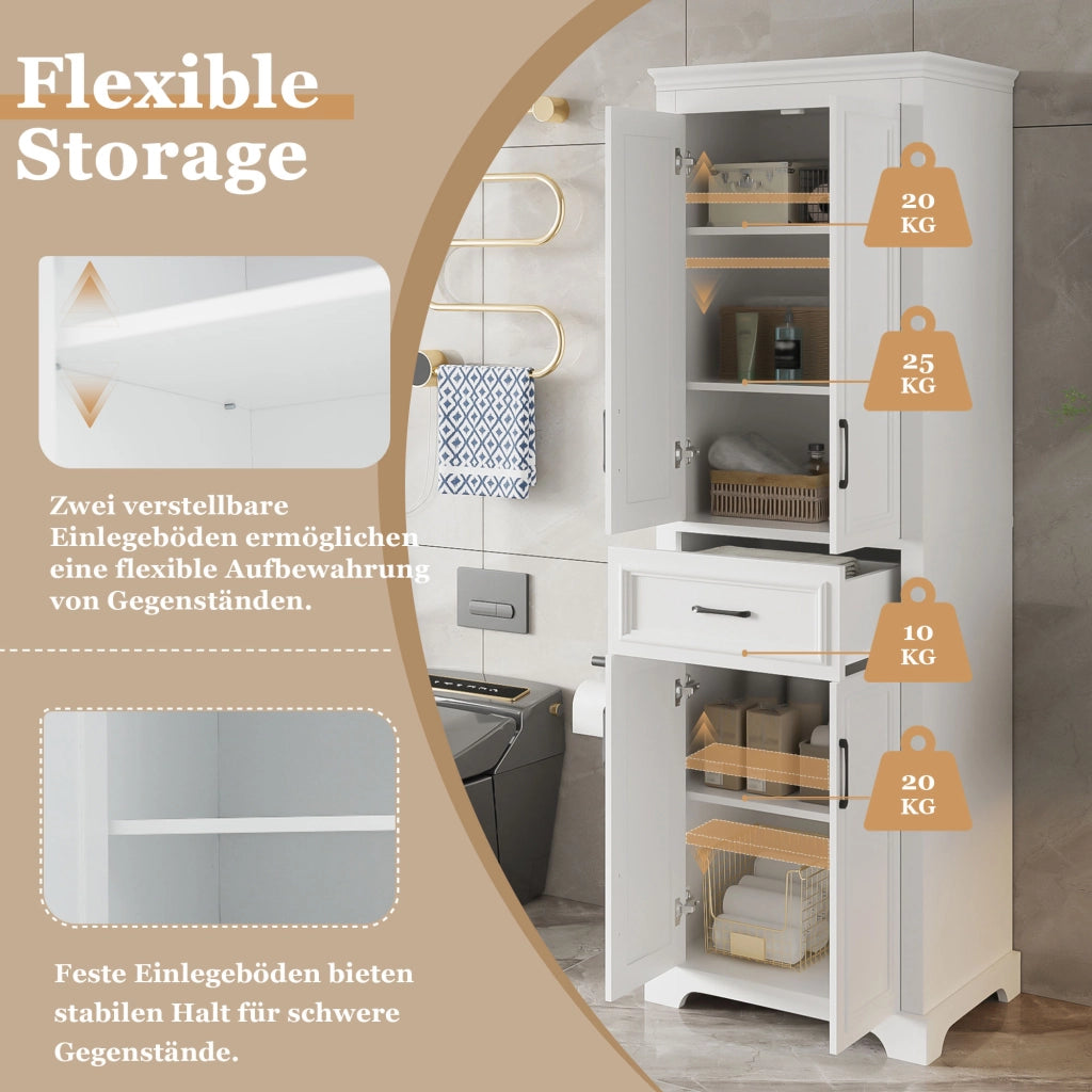 Mobile da bagno con 2 ante; 1 cassetto e ripiani regolabili - in MDF - bianco - 60×40×180 cm