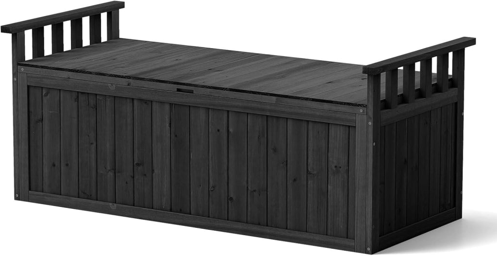 Panchina da giardino a 2 posti, in legno con spazio di archiviazione 207 l, resistente alle intemperie, con braccioli, 128 cm, per giardino, cortile e balcone (Nero)