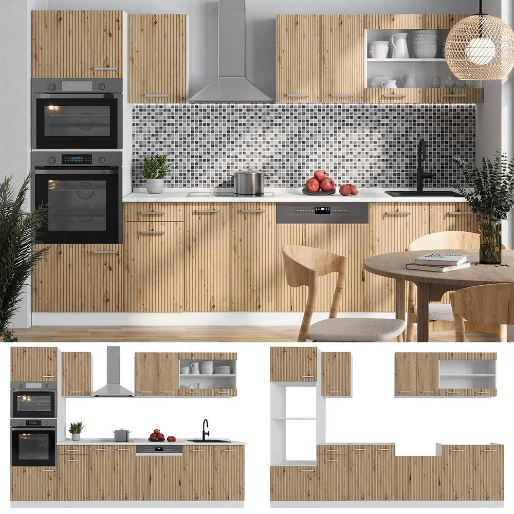 Cucina componibile R-Line Rovere artigianale/Bianco 300 cm con armadio alto, PL Antracite Vicco