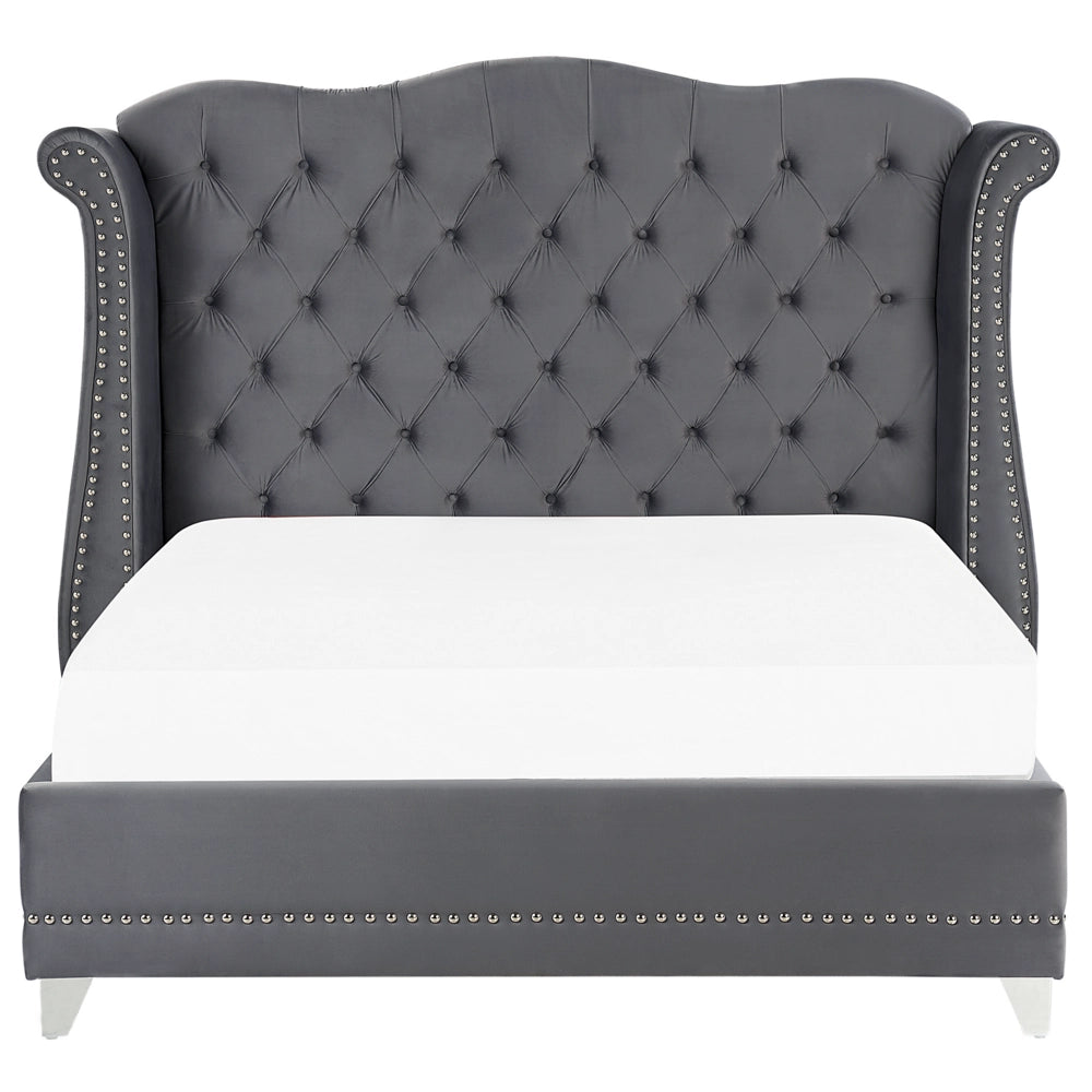Letto 180 x 200 cm in velluto grigio con base a doghe con bottoni per testiera trapuntata