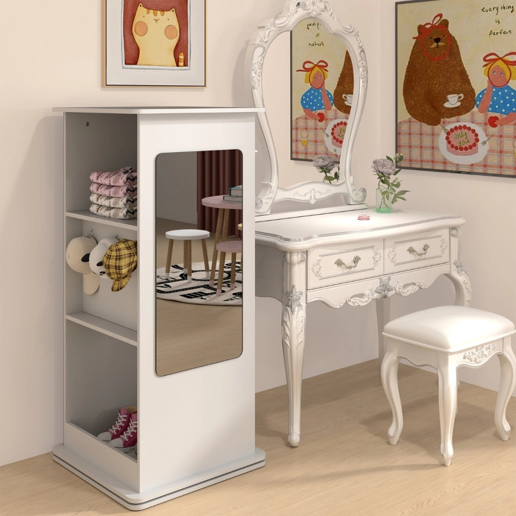 Libreria rotante per bambini scaffale angolare con lavagna-Libreria specchio ganci appendini e scomparti aperti Bianco