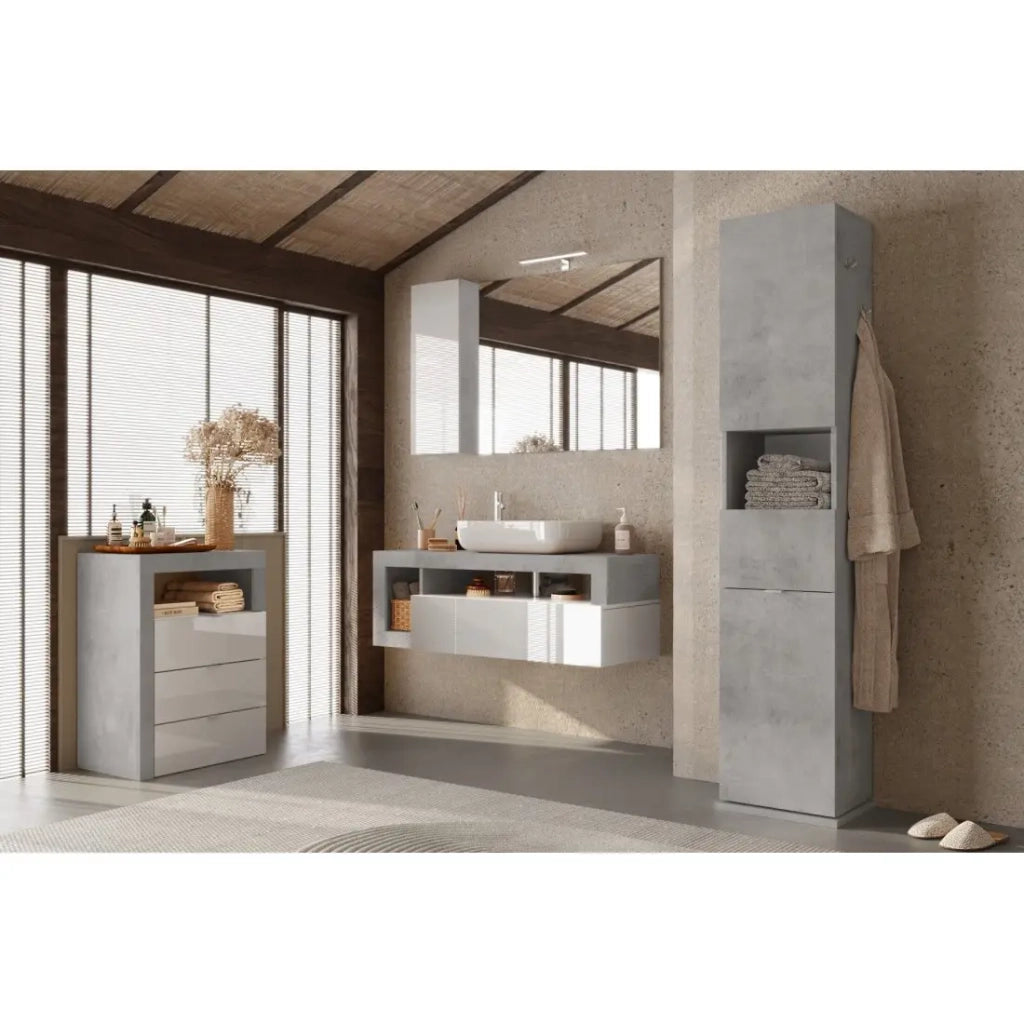 Comò per il bagno BURA – 3 cassetti – L64 cm – Bianco lucido laccato e grigio effetto cemento