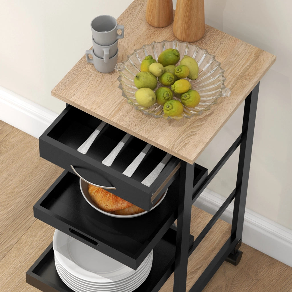 Tavolo da cucina con carrello, 2 ripiani, cassetto e scaffale ¨C zephmum ¨C legno quercia chiaro e nero