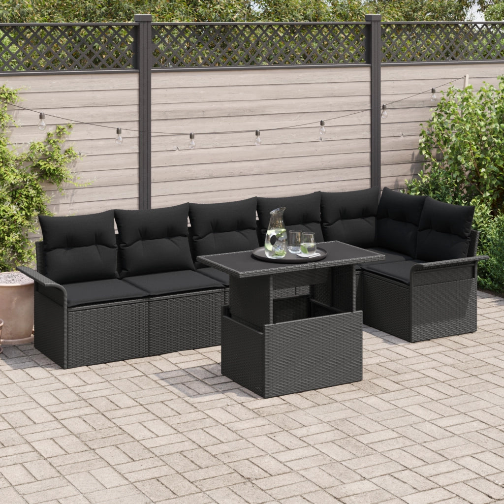 Set di Divani da Giardino da 7 Pezzi con Cuscini Neri in Polyrattan