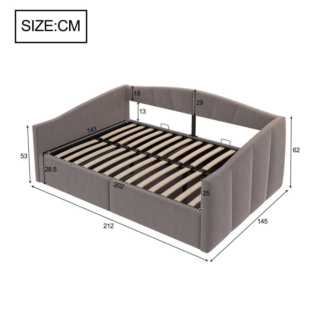 Divano letto imbottito 140x200 cm con contenitore idraulico; rete a doghe; braccioli; velluto grigio