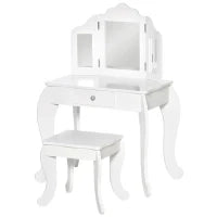 Tavolo da Trucco per Bambini con Sgabello e Triplo Specchio, in Legno e Acrilico, 63x40x85.5 cm, Bianco