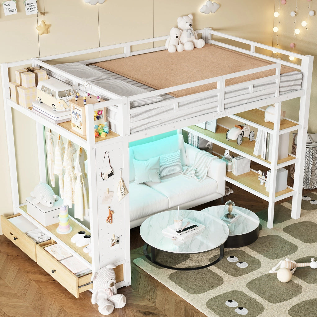 Letto a soppalco 140x200 cm con armadio aperto; ripiani; LED e parete forata bianco