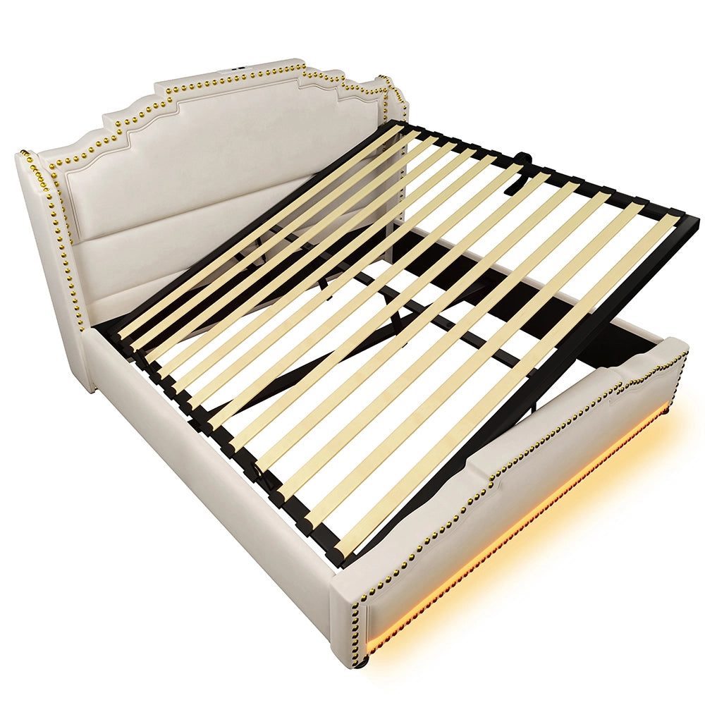 Letto matrimoniale-Xylo-140x200 cm-idraulico, LED, USB-C, velluto beige, con materasso