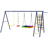 Gioco per Bambini 3-8 Anni con 3 Altalene, Scala a Corda e Canestro Basket, in Acciaio, PE e PP, 3.5x1.8x2 m