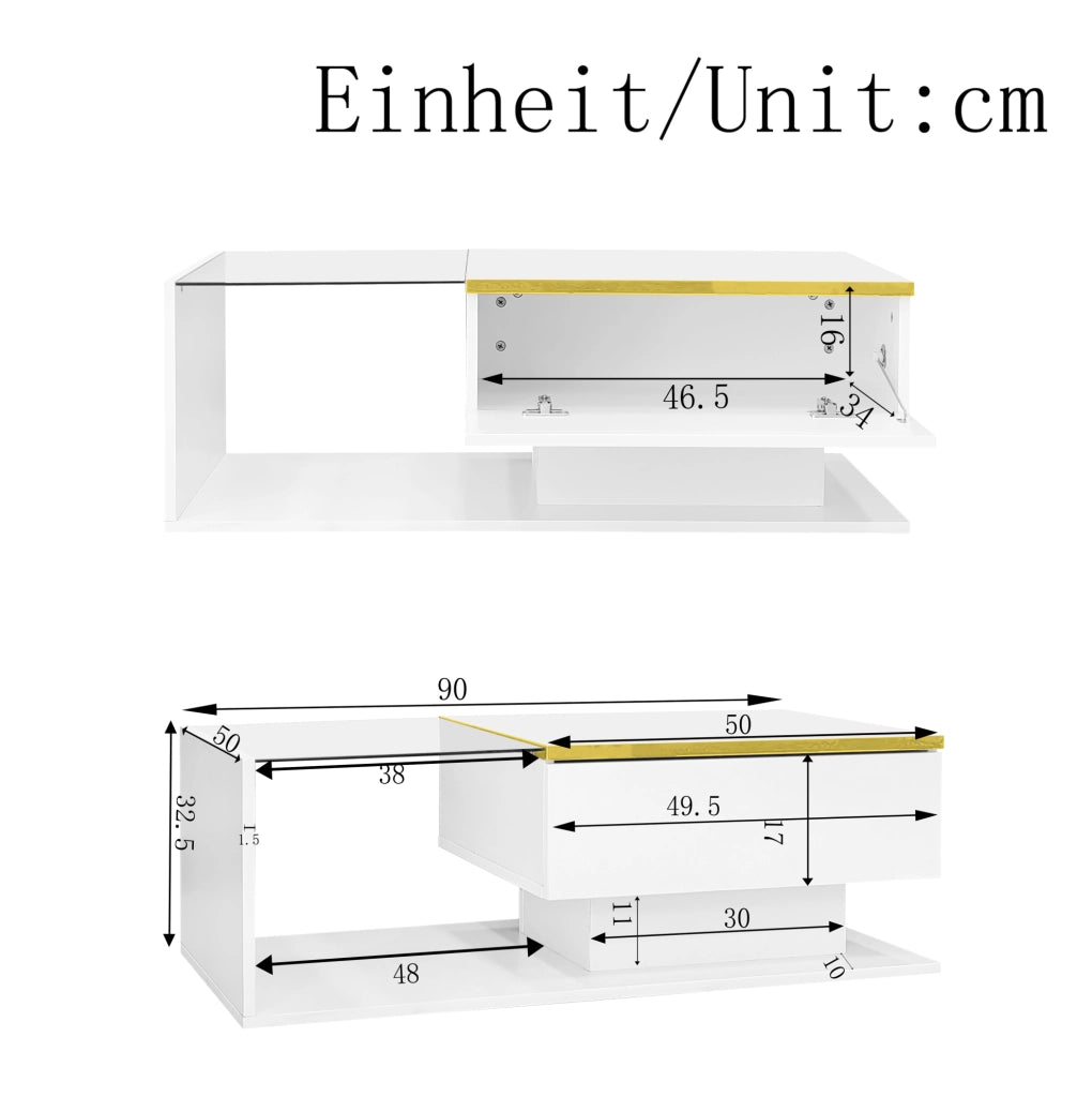 Tavolino da caffè 90x50 cm bianco lucido con vetro temperato e LED 16 colori