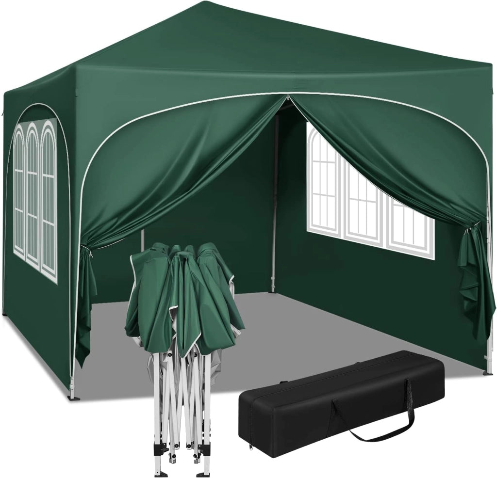 Gazebo Pieghevole da Giardino, Gazebo Idrorepellente Pop Up da 3x3m Pannelli Laterali, Tendone Esterno, Altezza Regolabile, Protezione UV, con Custodia Verde