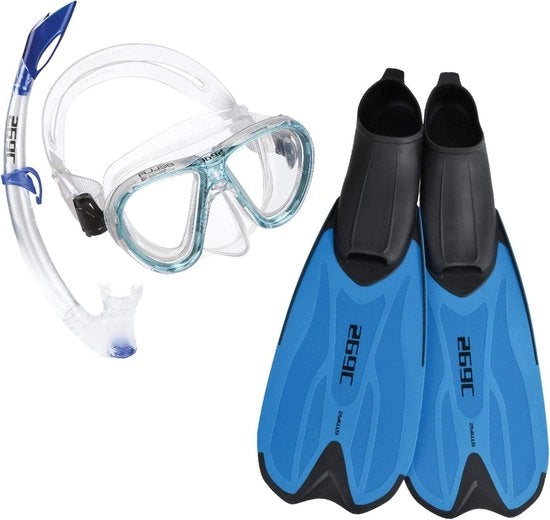 Kit di immersione per snorkeling con maschera e pinne - blu - per adulti e bambini - misura 28/30