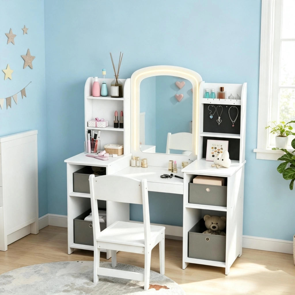 Tavolo da toeletta per bambini 3–8 anni con sgabello e specchio LED
