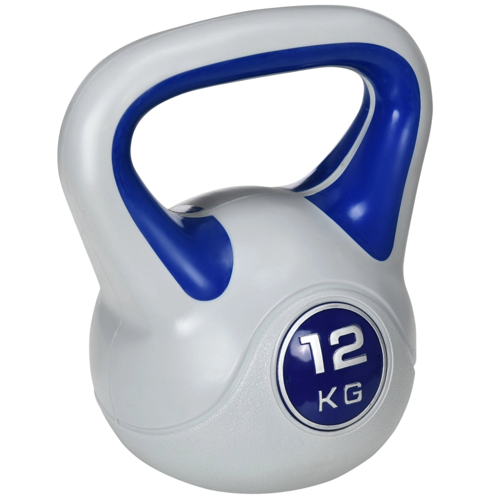 Kettlebell 12 kg per allenamento forza e fitness, blu, ideale per home workout, protegge il pavimento