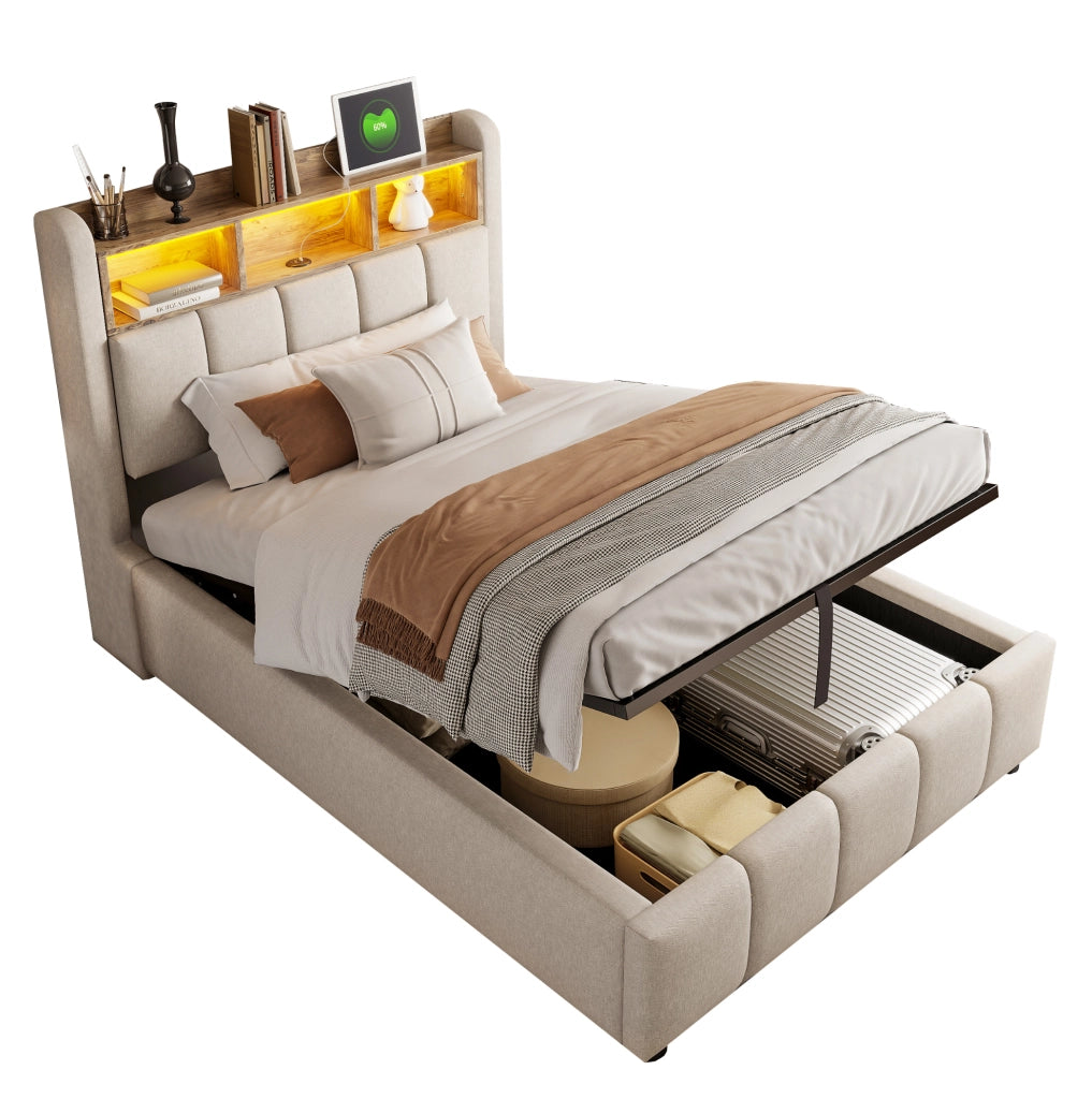 Letto imbottito 90x200 cm in tessuto effetto lino beige con LED; USB-C e contenitore idraulico