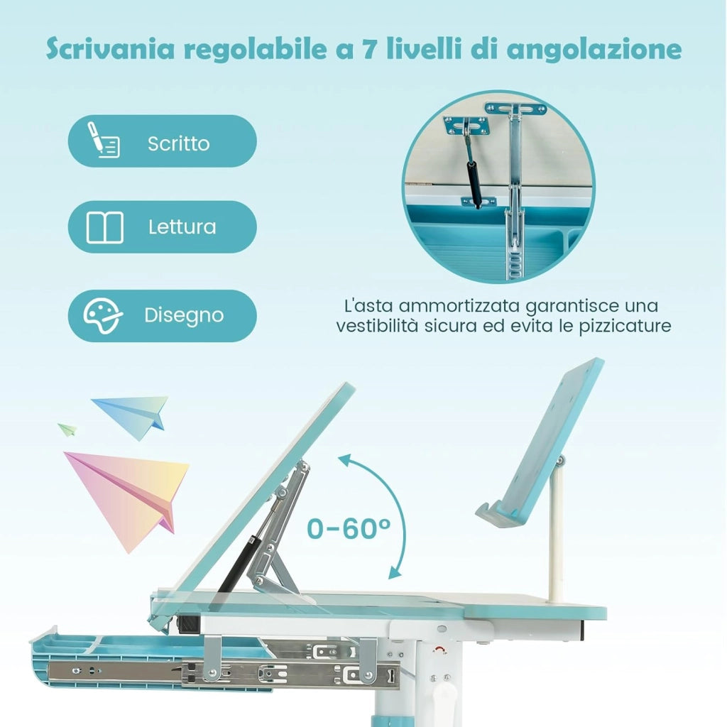 Scrivania per Bambini, Tavolo per Studenti con Regolabile in Altezza, con Piano Ribaltabile, Libreria, Cassetti e Righello di Misurazione, Ergonomica, Ideale per Bambini 3-12 Anni (Blue)