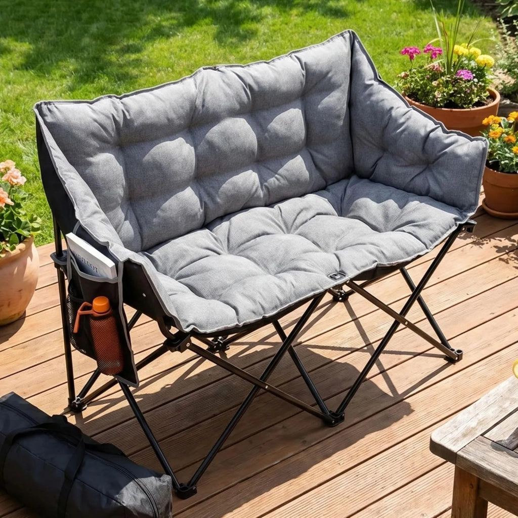 Sedia da Campeggio per 2 Persone, Divano da Campeggio Doppia 320KG, Sedia da Campo Portatile, con Tasca Laterale e posteriore, borsa per il trasporto, per Giardino, Spiaggia, Pesca, Grigio