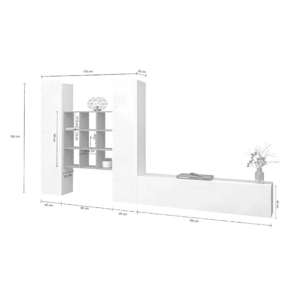 Mobile Soggiorno Genoveffa, Parete Attrezzata 18 Ripiani Made in Italy, 270x30x180h cm Bianco Lucido