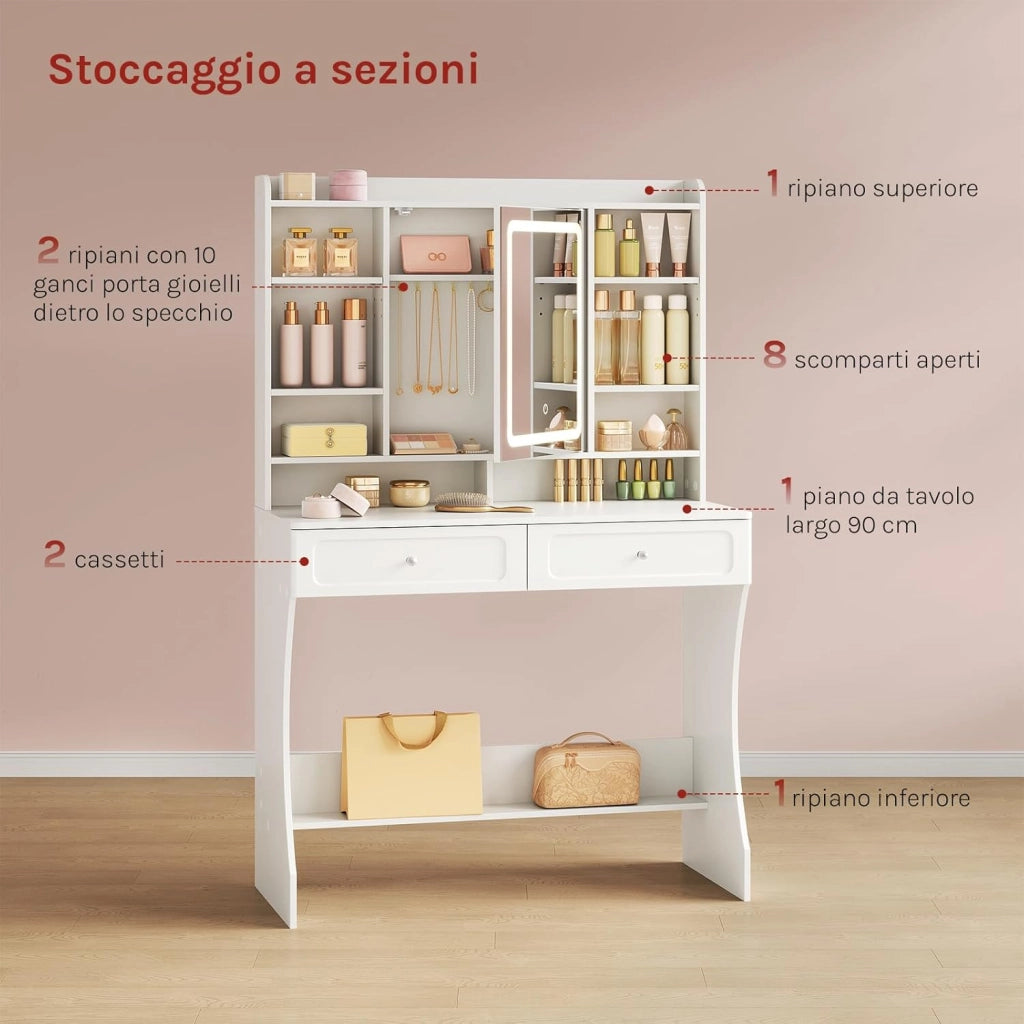 Toeletta Trucco con Specchio e Luce, Illuminazione Regolabile in 3 Colori, Postazione Trucco con 2 Cassetti, 8 Scomparti Aperti e Armadietto, per Camera da Letto, Cabina Armadio, Bianco
