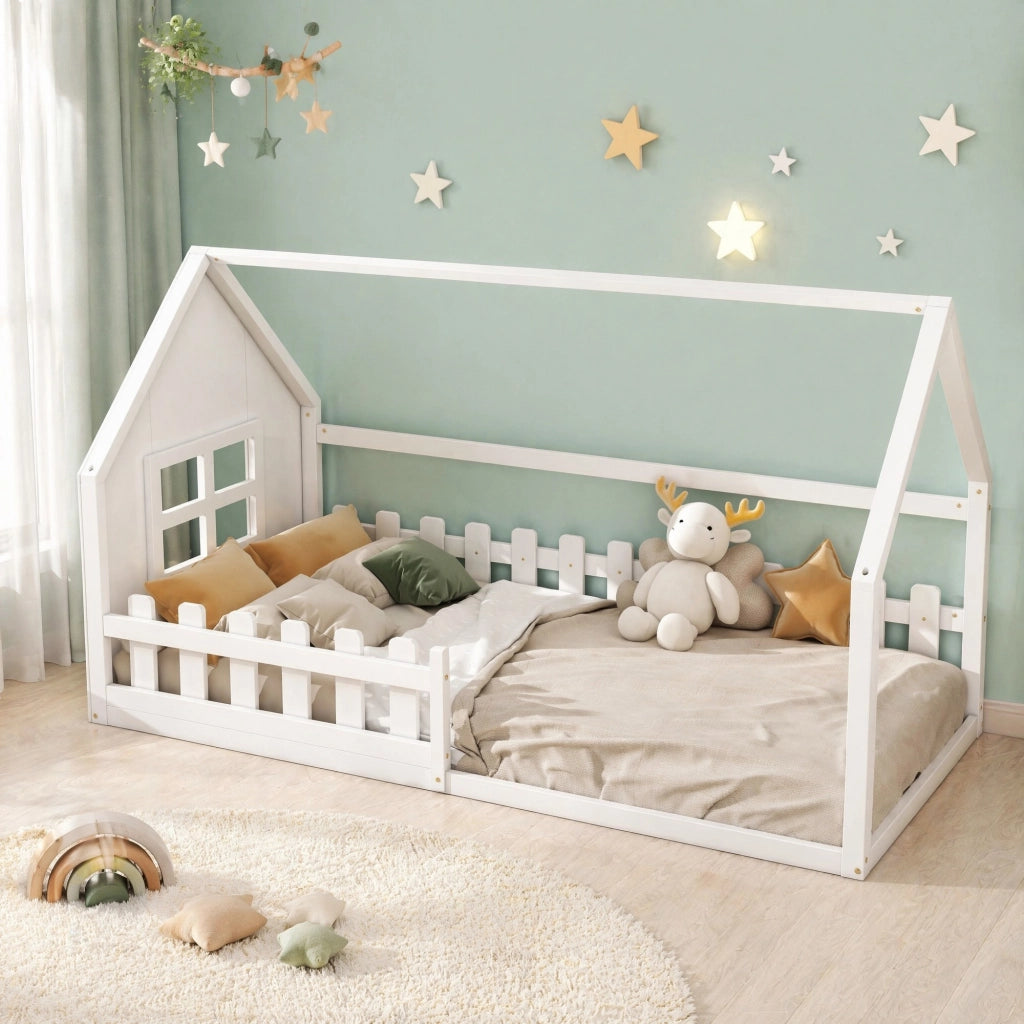 LETTO Bambini a forma di casa 90x200 cm Bianco in pino e MDF