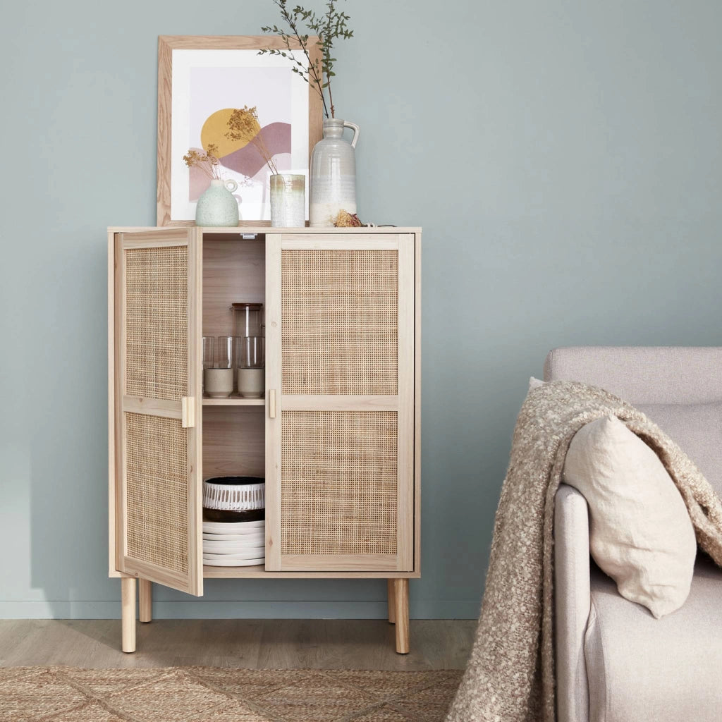 Credenza effetto canna e legno a 2 ante, 80cm, marrone naturale