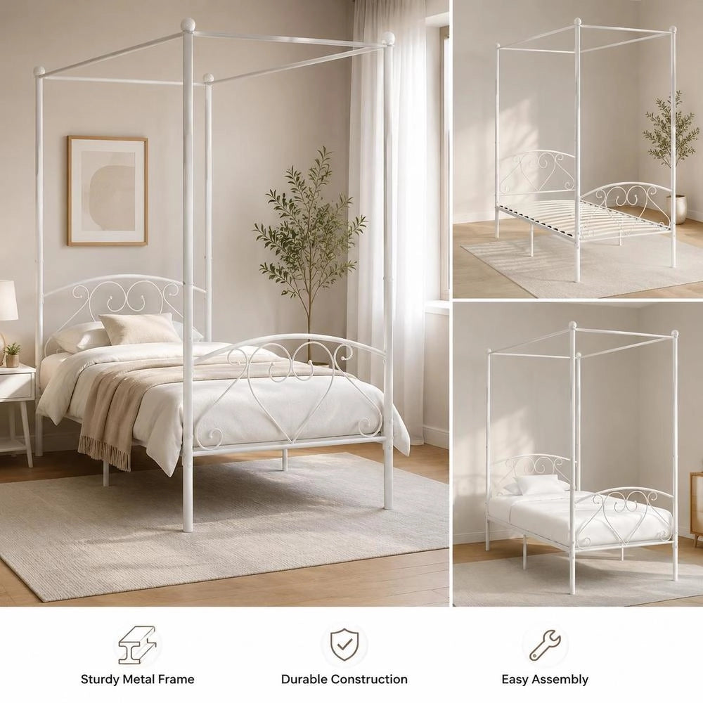 Canopy Bed Frame, White Metal, 120 X 200 Cm