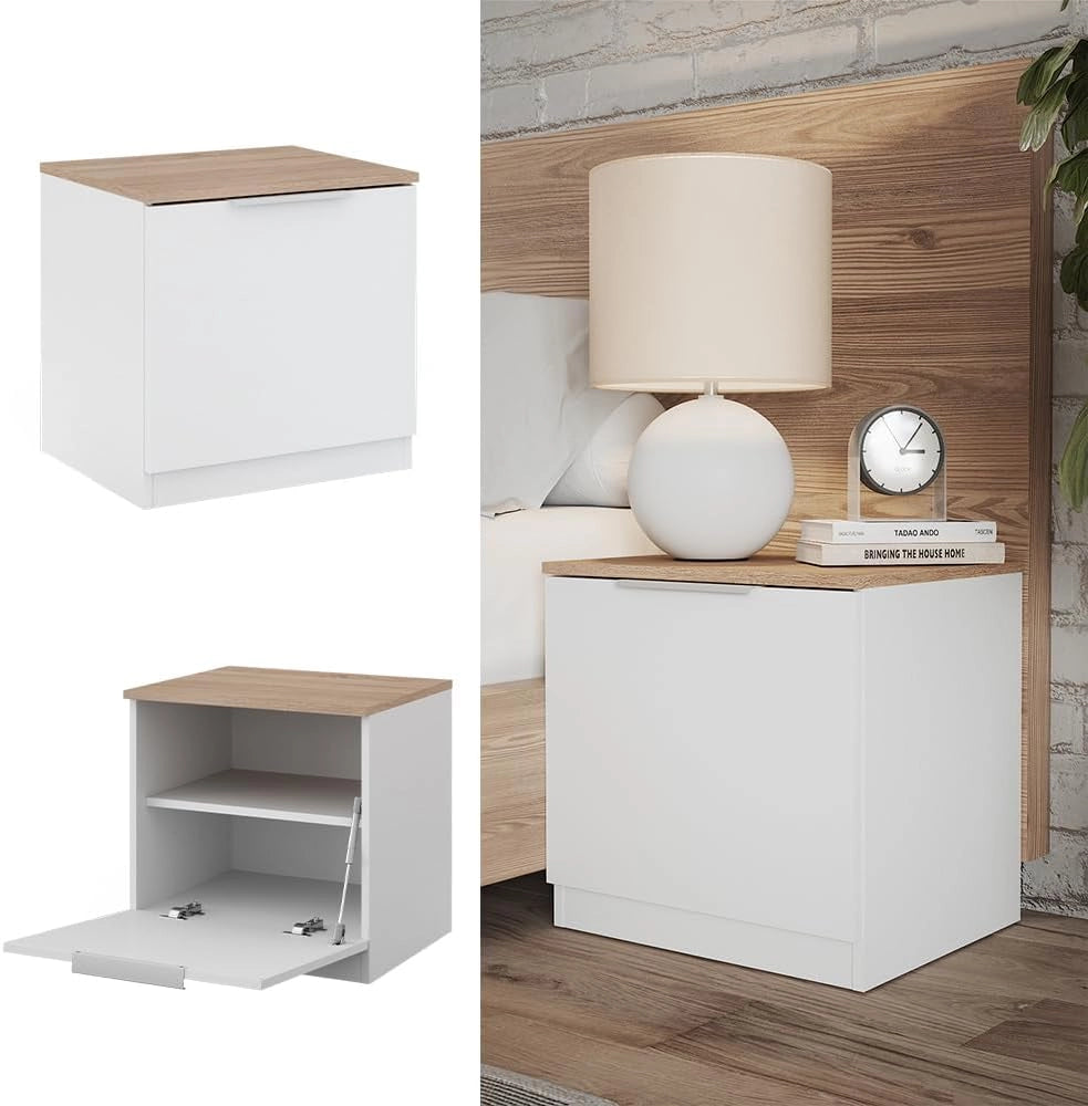 Comodino camera da letto Betti, Bianco/Sonoma, 50 x 50 cm con 1 porta, per riporre oggetti di uso quotidiano e combinabile