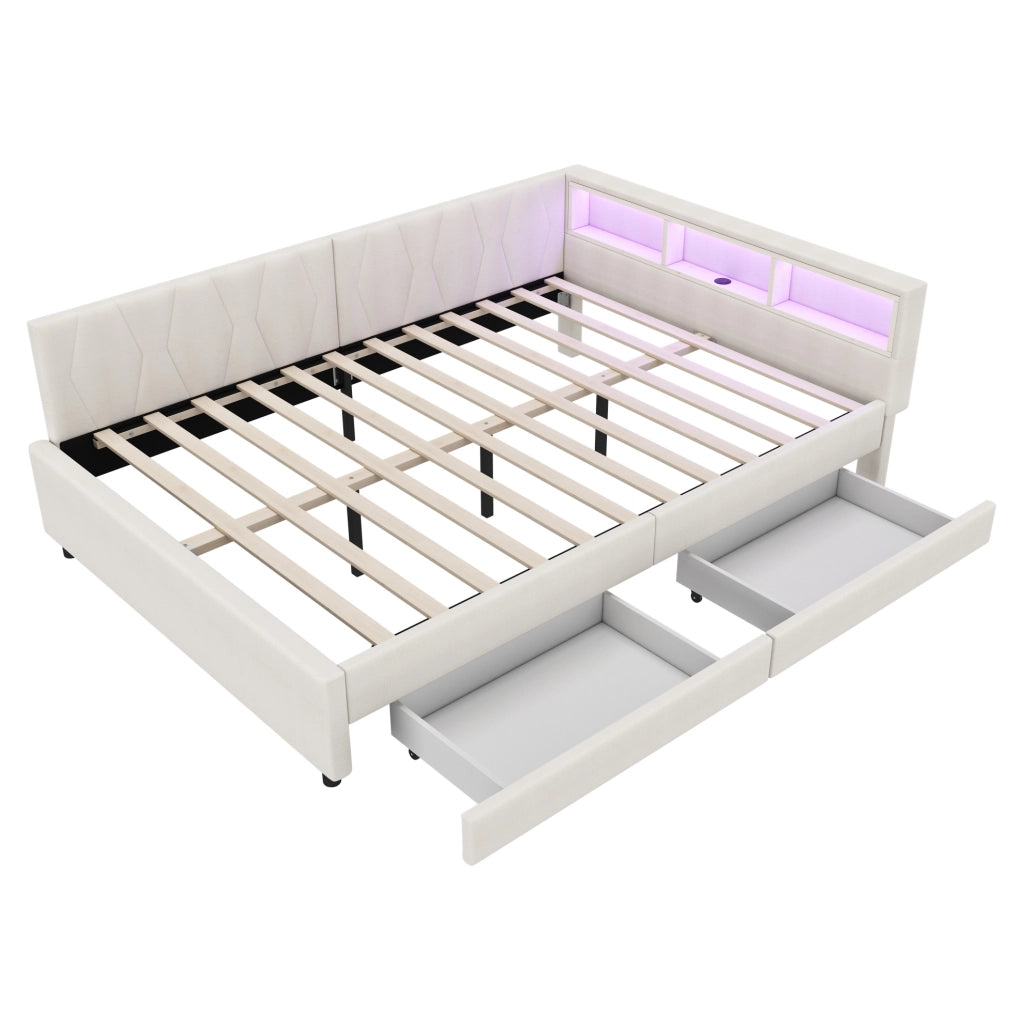 Letto a giorno 140x200 cm con LED; cassetti e USB in lino beige