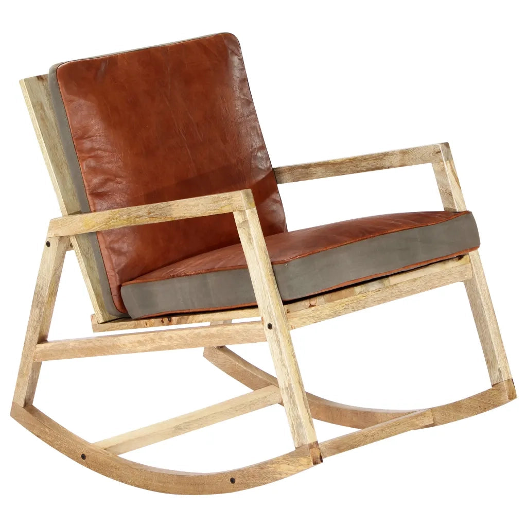 Sedia a Dondolo Marrone in Vera Pelle e Legno Massello di Mango cod mxl 49502