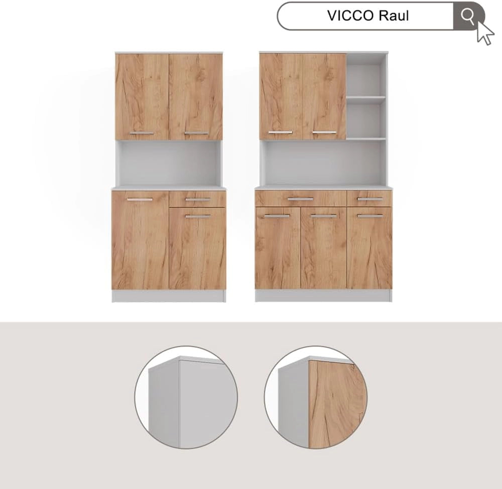 Buffet da cucina Raul, Rovere bianco/dorato, 83.6 x 188.5 cm con 4 porte e 1 cassetto, con ripiano aperto per dispositivi e combinabile con moduli aggiuntivi