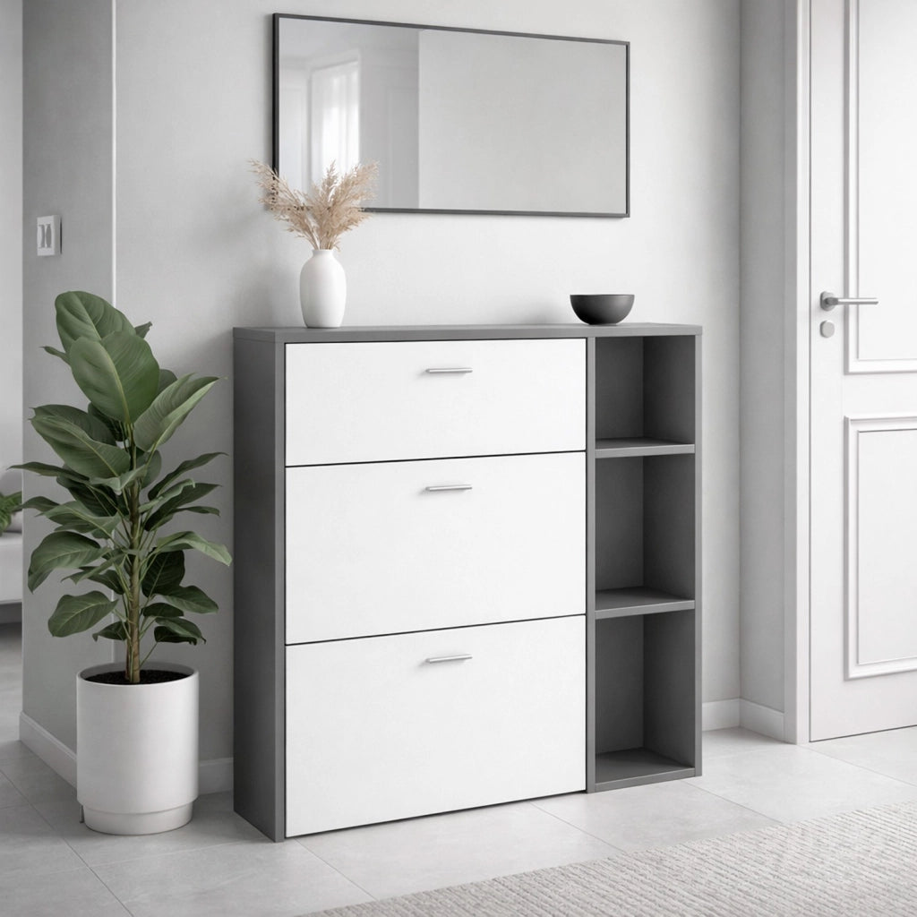 Scarpiera Mobile Portascarpe Salvaspazio Per Ingresso Con 2 Ribalte Doppia Profondità 1 Cassetto 3 Vani A Giorno Design Moderno Corridoio Sala 90 X 101.5 X 26 Cm Bianco E Grafite