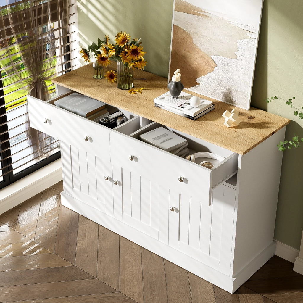 Credenza con 3 Ante e 2 Cassetti; Apertura Push-to-Open; Texture in Rilievo; in Pannello Truciolare; Bianco; 120??36??80;5 cm