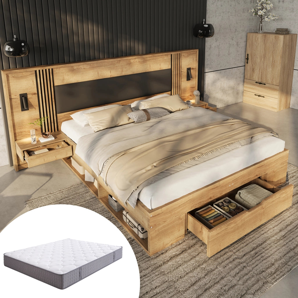 Letto Matrimoniale Contenitore con Comodini e Cassetti, con Materasso ¨C MINIMAL ¨C Legno, 180x200