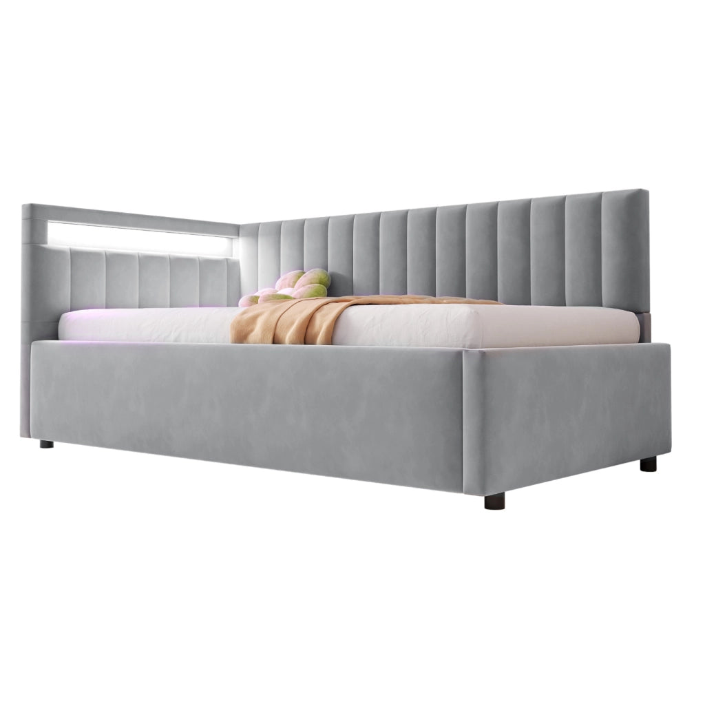Divano letto imbottito 90x200 cm con LED; contenitore idraulico e velluto grigio