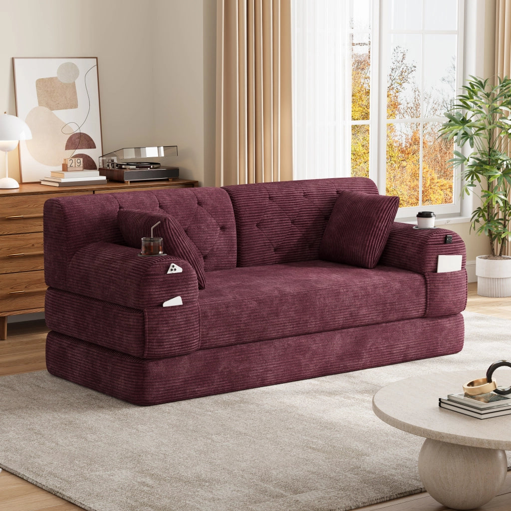 Divano letto compatto in corduroy con schienale alto, tasche laterali, portabicchieri e struttura in metallo