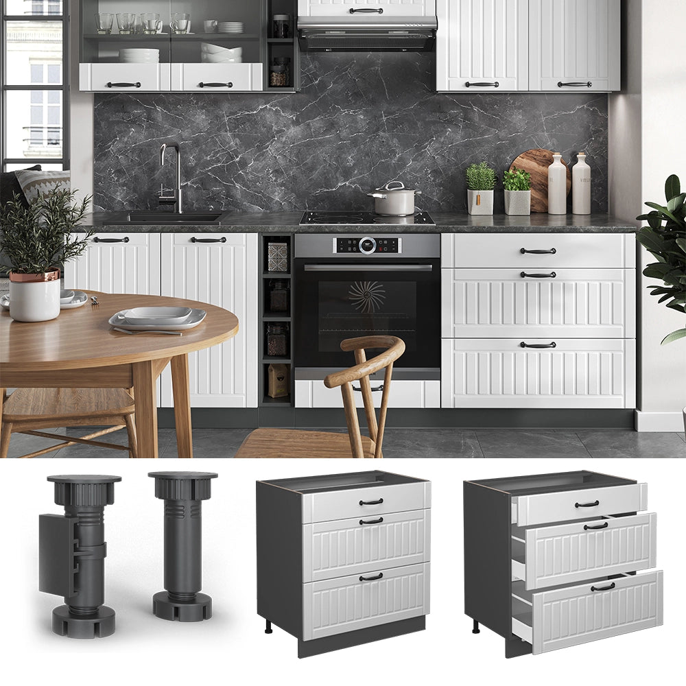 Mobiletto base per cucina Fame-Line Bianco rustico/Antracite 80 cm con 3 cassetti, PL Marmo Vicco