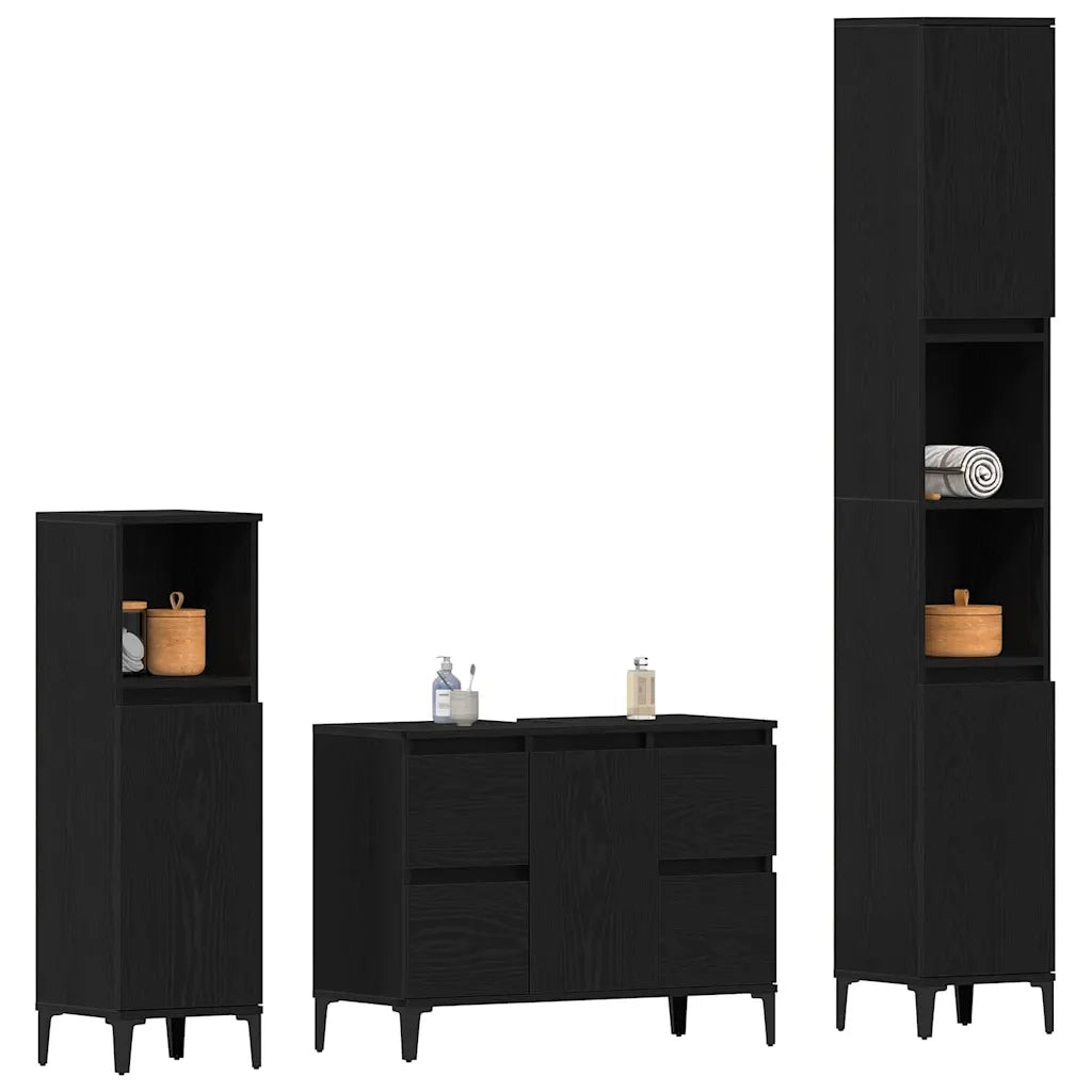 Set di mobili per il Bagno | Armadio da bagno Montaggio a parete 3 pz Rovere Nero