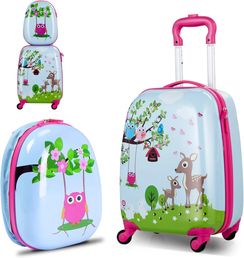 Set di Valigia 16’’ + Zaino 12’’ per Bambini 2 Pezzi, Bagagli 2-in-1 con Zainetto da Viaggio Aereo, Trolley con Maniglia Telescopica e 4 Ruote a 360° (Blu Traffico)