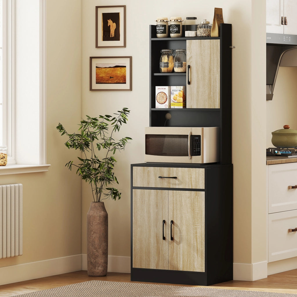 Mobile da cucina con piano di lavoro e passacavi ¨C Xylo ¨C con cassetto e 3 ripiani aperti, legno naturale e nero