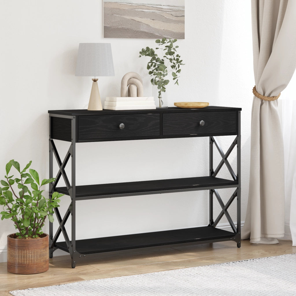 Tavolo Consolle Nero Rovere 100x28x75 cm Legno Ingegnerizzato e Acciaio