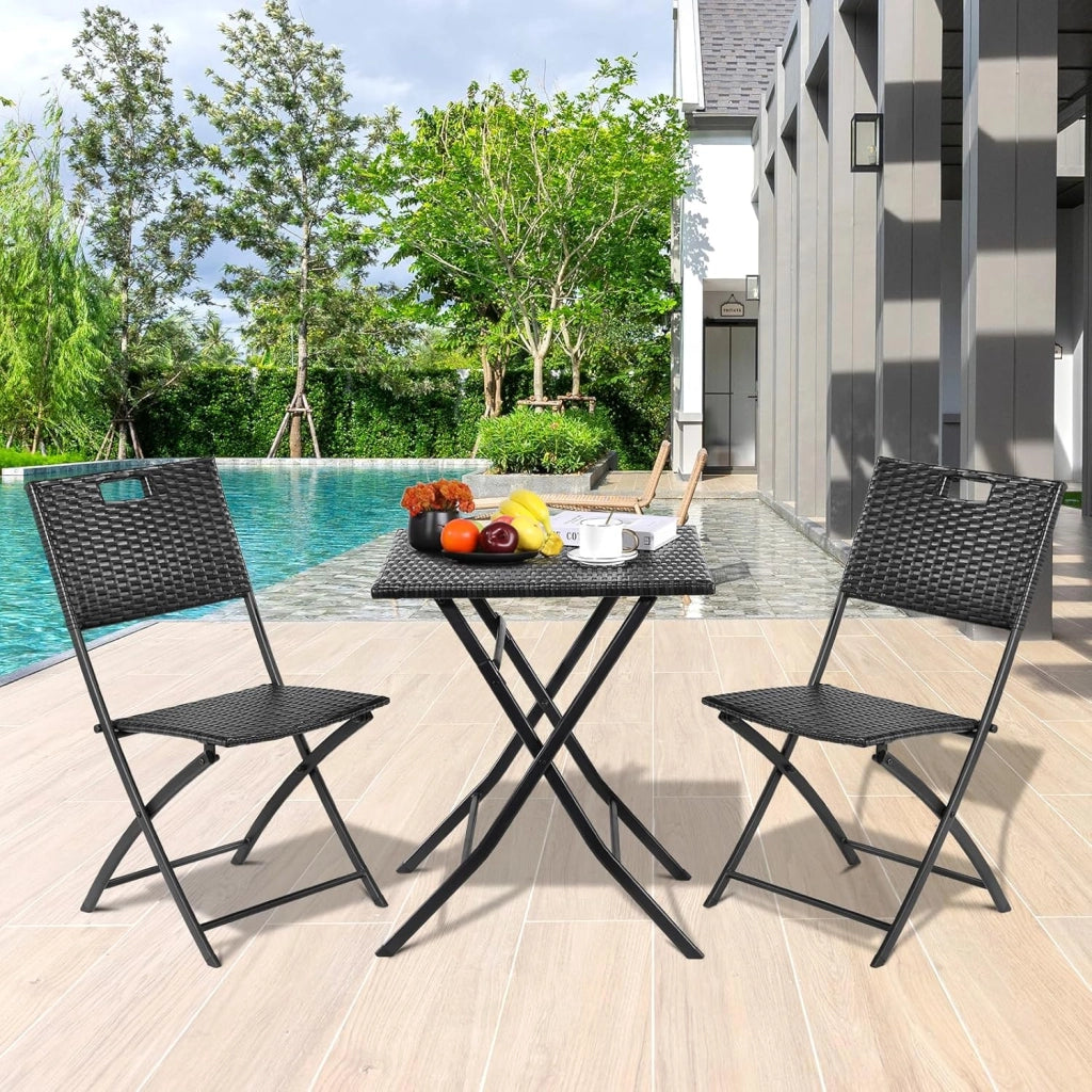 Set di Mobili da Balcone Pieghevole da 3 Pezzi, Mobili da Bistrot, Set Giardino in Rattan, 1 Tavolo e 2 Sedie, Sedia Pieghevole per Balcone, Giardino e Terrazza, Nero