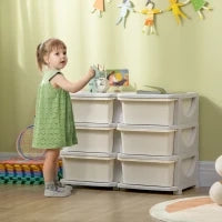 Cassettiera 6 Cassetti per Bambini 3-6 Anni con Bordi Arrotondati, in PP Bianco Crema, 75x37x56.5 cm